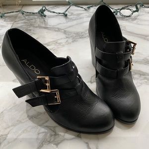 ALDO Black Leather Strappy Chunky Heel Bootie Shoe